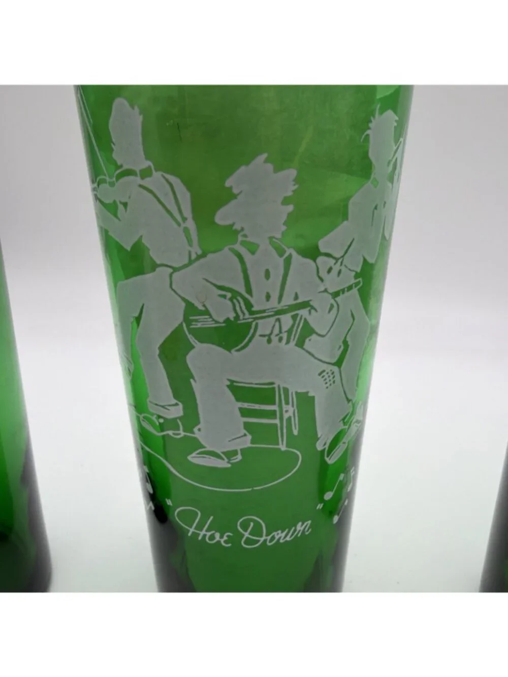 4 ANCHOR HOCKING GREEN DRINKING GLASSES MCM Various Scenes Highball 6.5”